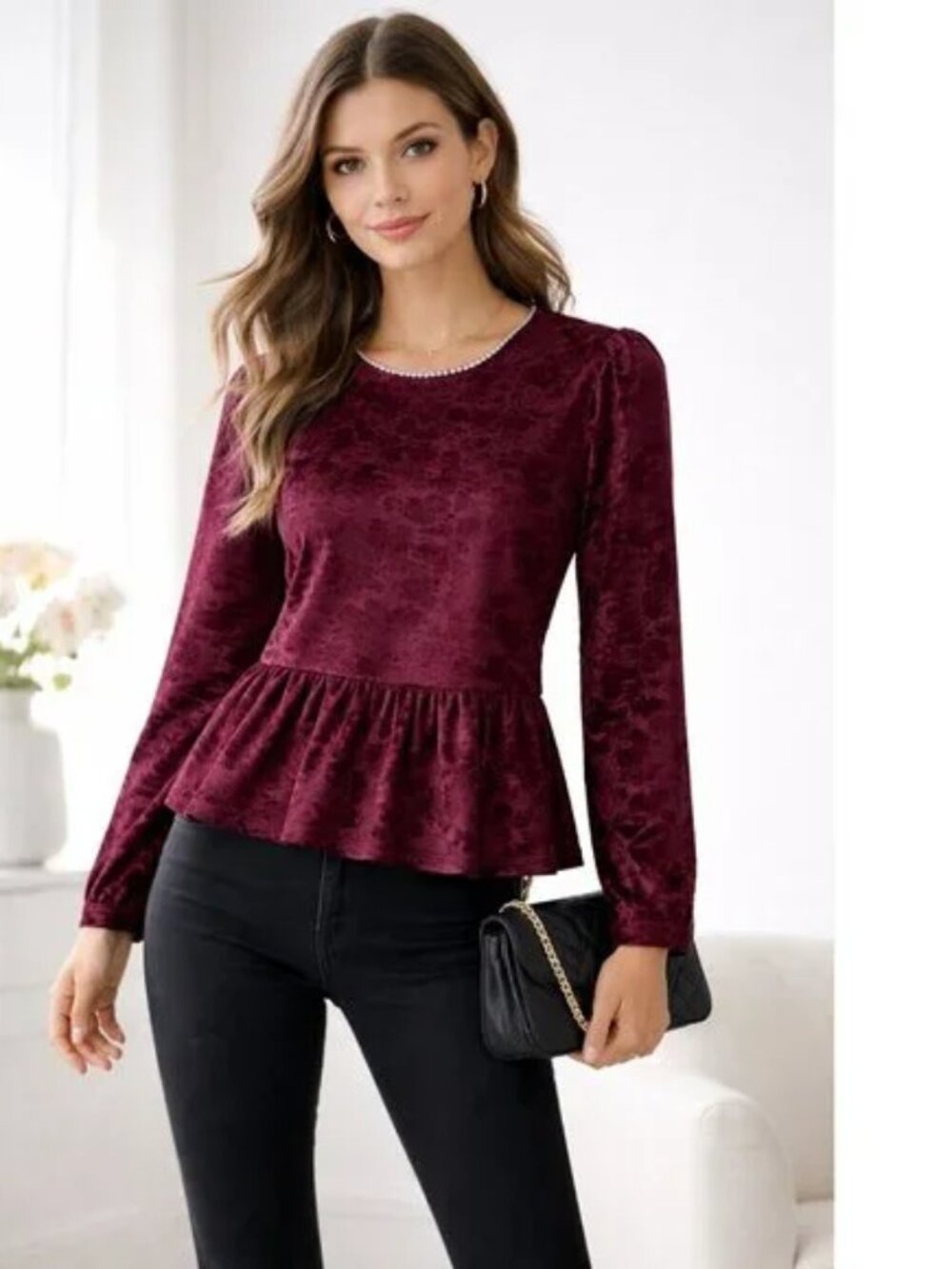Cupio Blush Burgundy Velvet Peplum Blouse Small Long Sleeve NWT